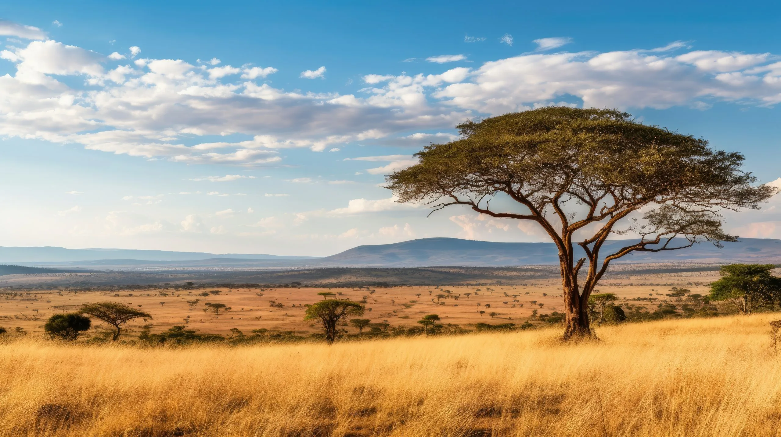 Laajat savannit ulottuvat niin kauas kuin silmä kantaa, ja niillä on siroja akaasiapuita.