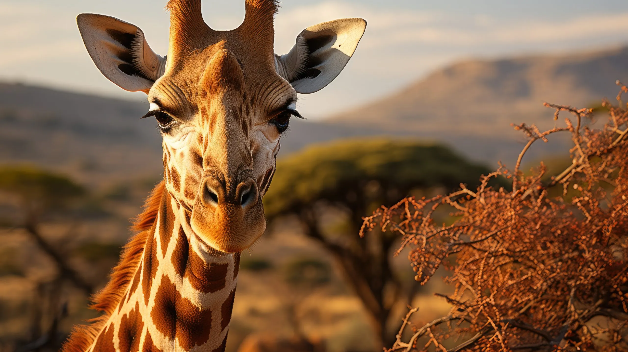 Uma girafa reticulada (Giraffa camelopardalis reticulata) a pastar nos ramos superiores de uma acácia na Reserva Nacional de Samburu, no Quénia, com o seu pescoço comprido e o seu pelo padronizado a destacarem-se na paisagem africana