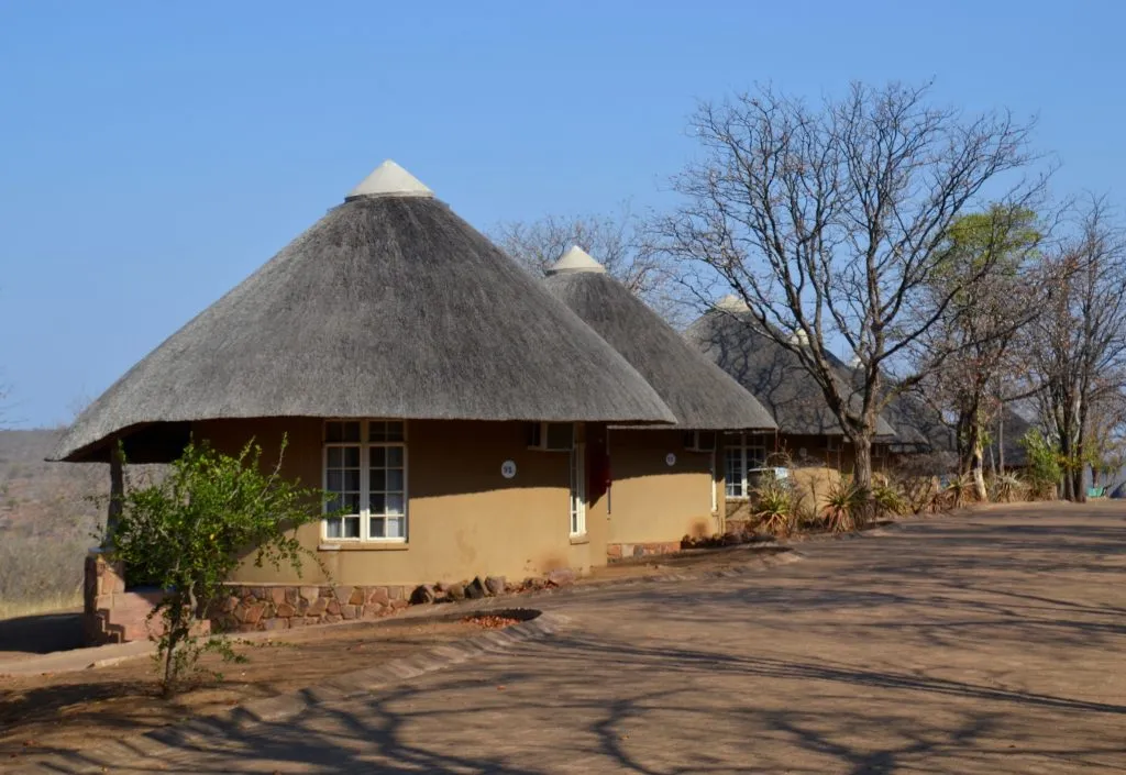 Rad av rondawel-hyddor med halmtak vid Olifants Rest Camp i viltreservatet Kruger National Park i Sydafrika