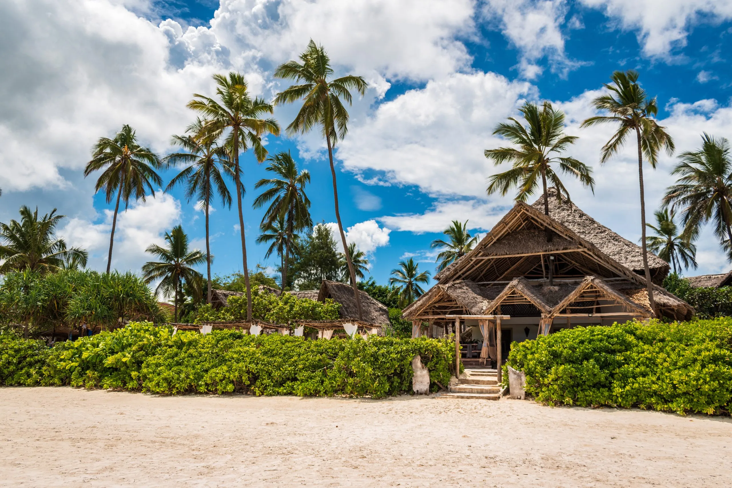 Vista della casa con tetto di paglia situata tra le palme sulla spiaggia di Matemwe, Zanzibar, Tanzania, Africa